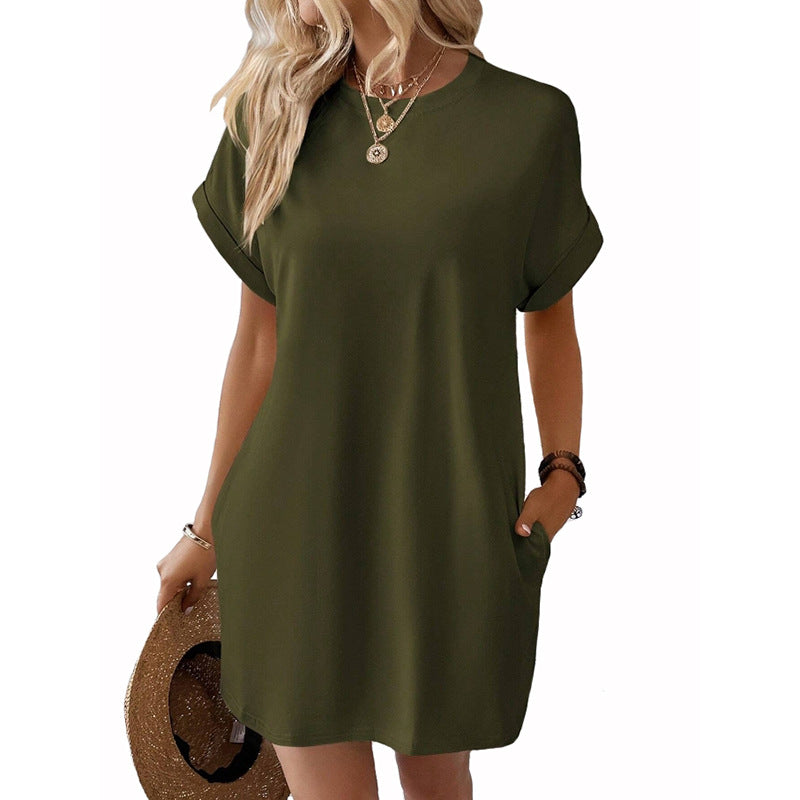Casual Solid Color T-Shirt Dress with Pockets