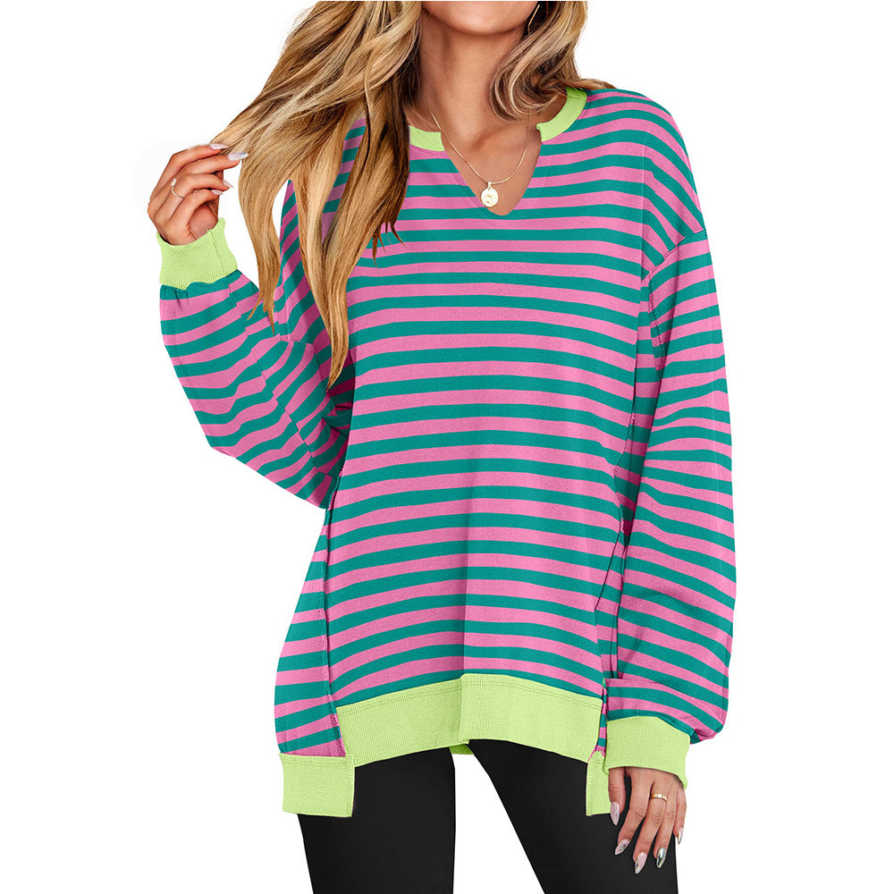 Womens Striped V Neck Pullover Sweatshirt Top