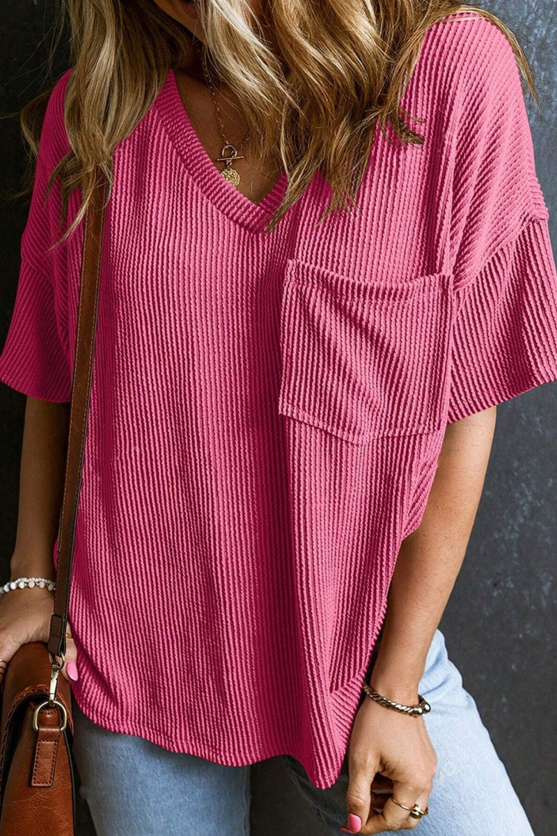 Casual V Neck Pocket T Shirt Loose Ribbed Knit Top