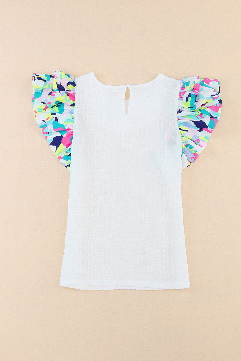 Personalized color collision texture bubble sleeve T-shirt female summer thin section pullover short-sleeved on the