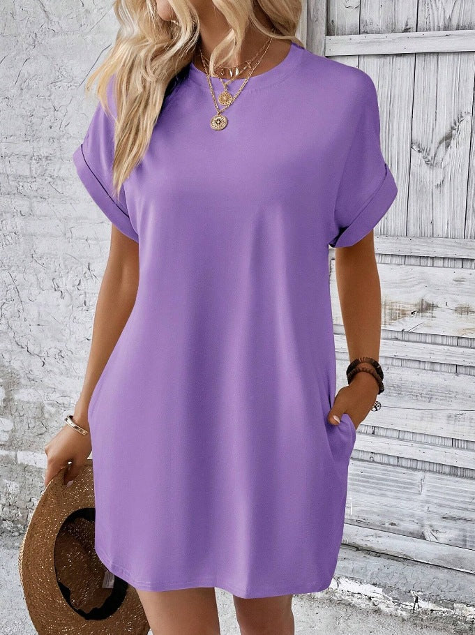 Casual Solid Color T-Shirt Dress with Pockets