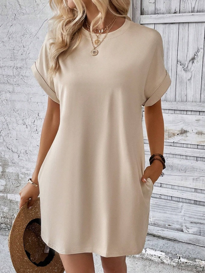 Casual Solid Color T-Shirt Dress with Pockets