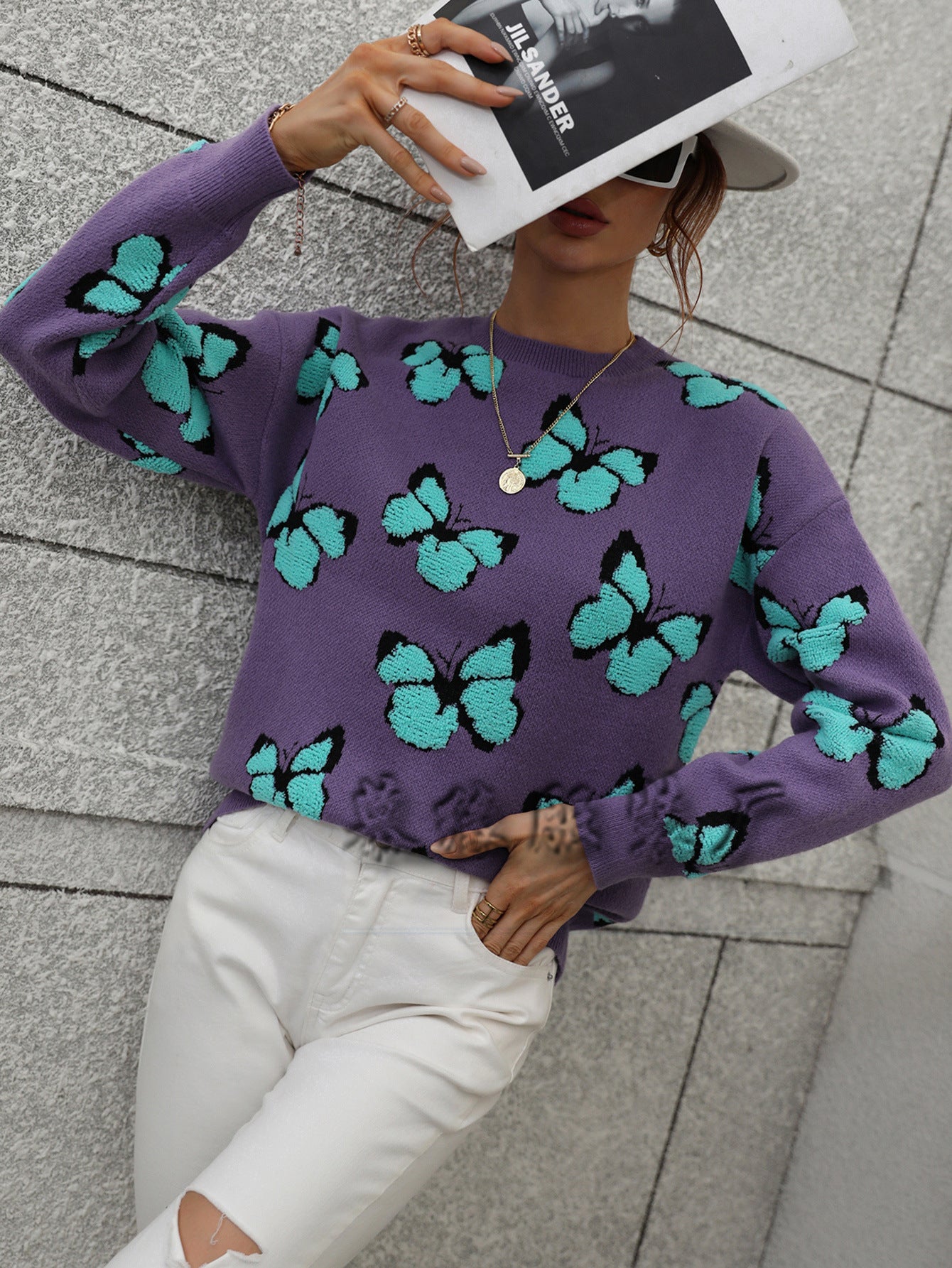 Womens Butterfly Print Crewneck Knit Sweater