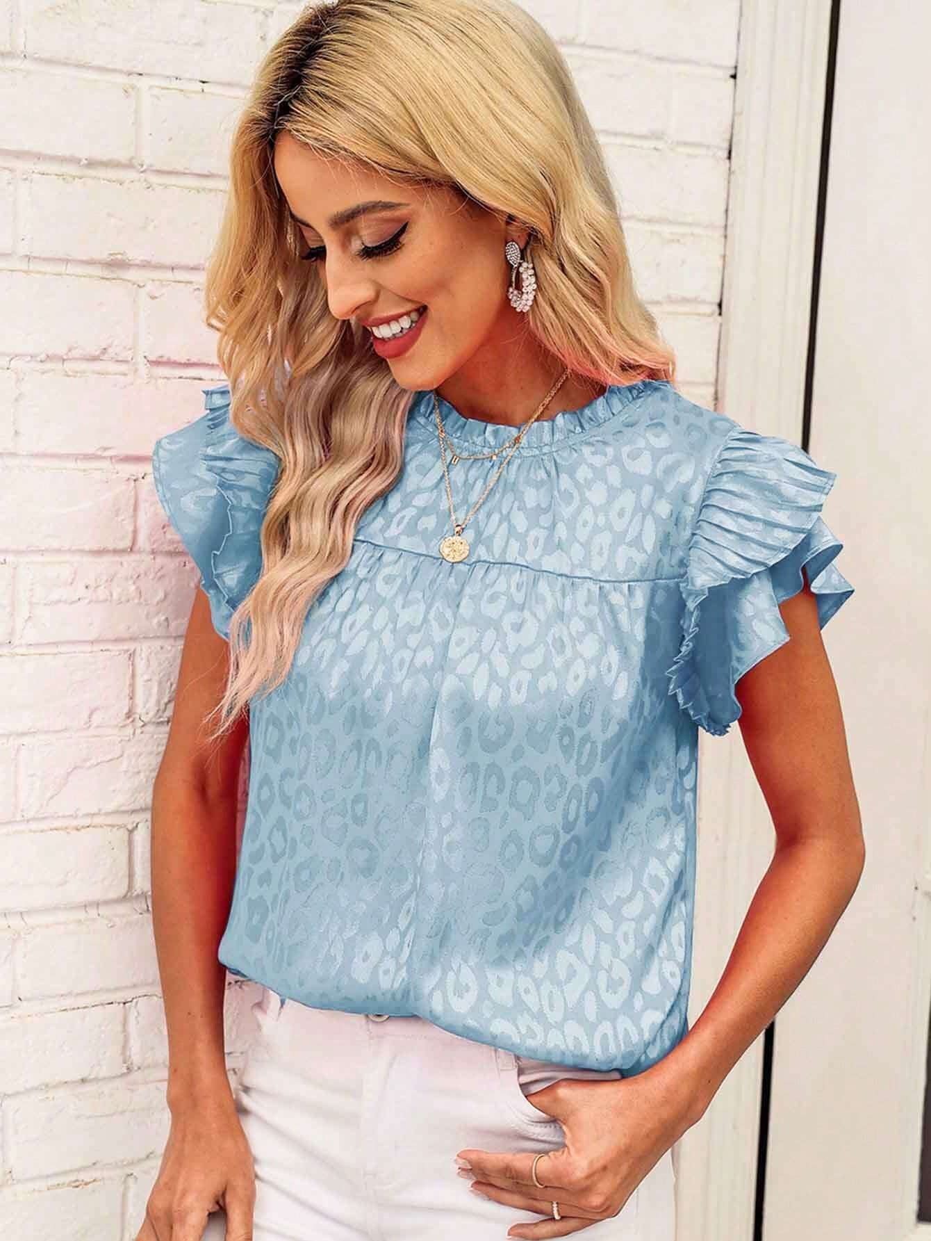Women's Printed Lotus Leaf Sleeve Wavy Collar Top