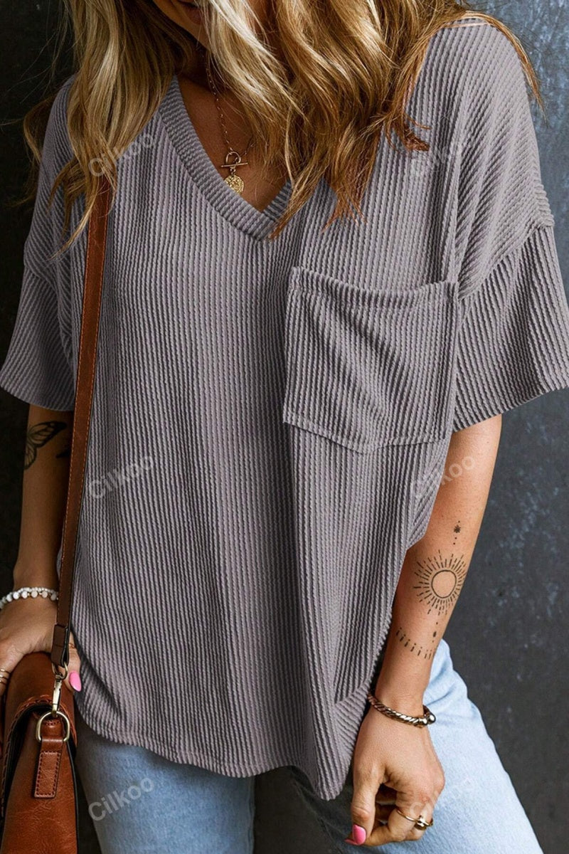 Casual V Neck Pocket T Shirt Loose Ribbed Knit Top