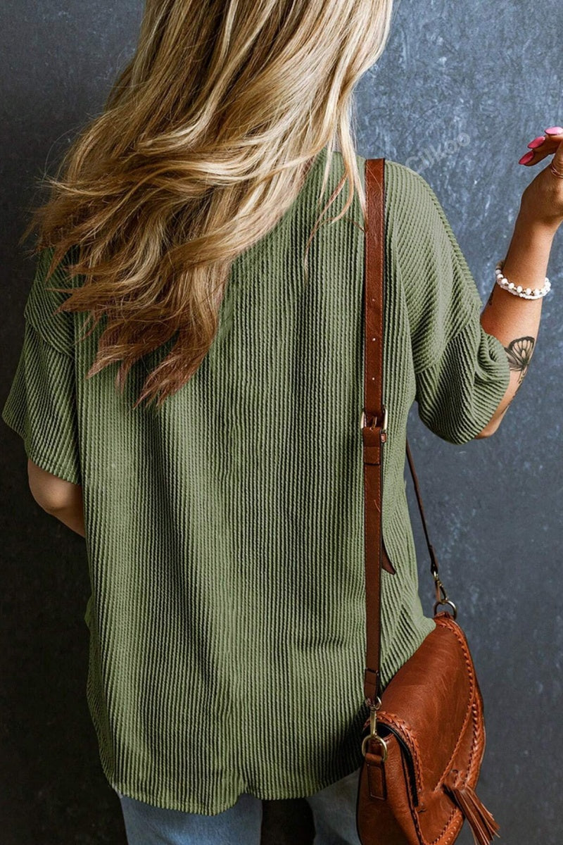 Casual V Neck Pocket T Shirt Loose Ribbed Knit Top