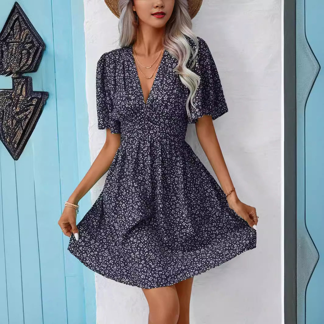 Summer V Neck Pleated Floral Dress with Short Sleeves