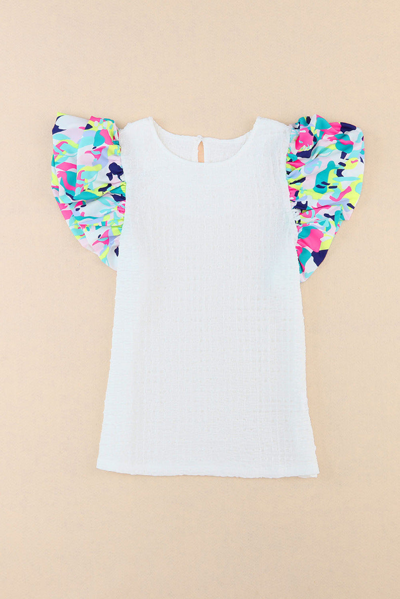 Personalized color collision texture bubble sleeve T-shirt female summer thin section pullover short-sleeved on the