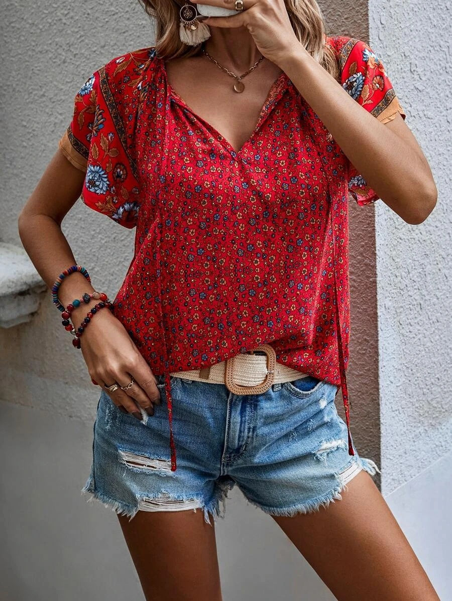 Boho Floral Print V Neck Relaxed Fit Top