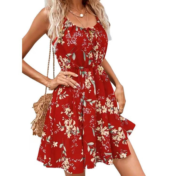 Floral Sleeveless Elastic Waist Halter Summer Dress