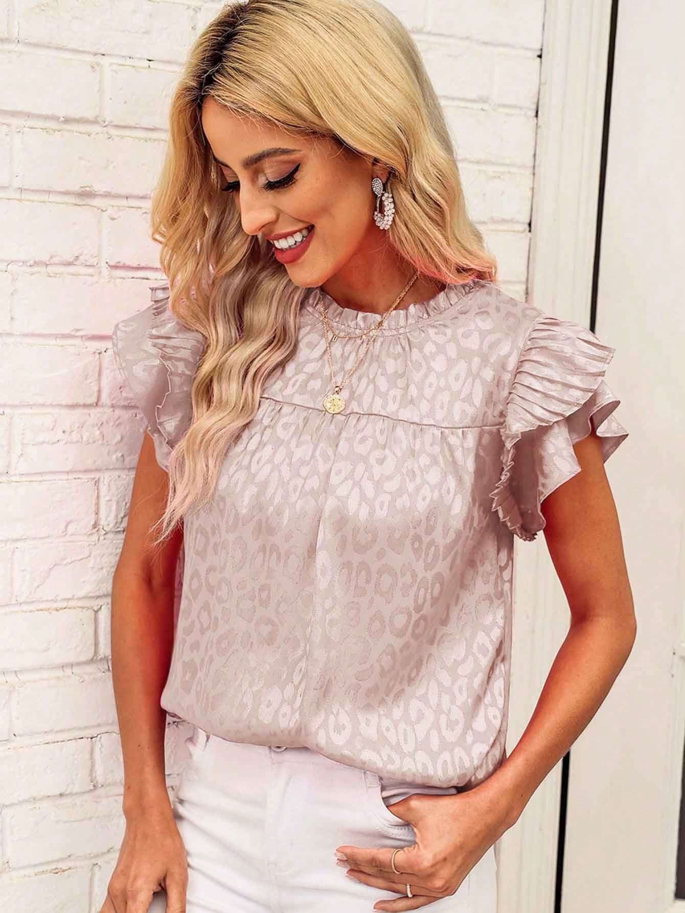 Women's Printed Lotus Leaf Sleeve Wavy Collar Top