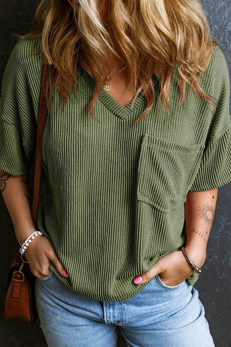 Casual V Neck Pocket T Shirt Loose Ribbed Knit Top