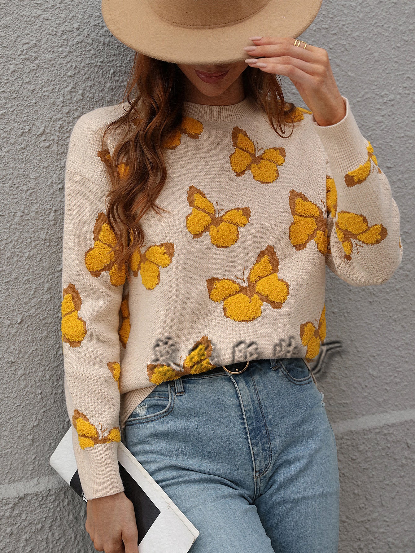 Womens Butterfly Print Crewneck Knit Sweater