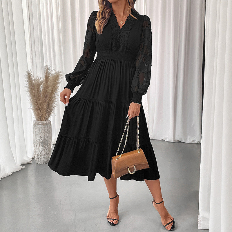 Fall Winter Elegant V Neck Long Sleeve Midi Dress