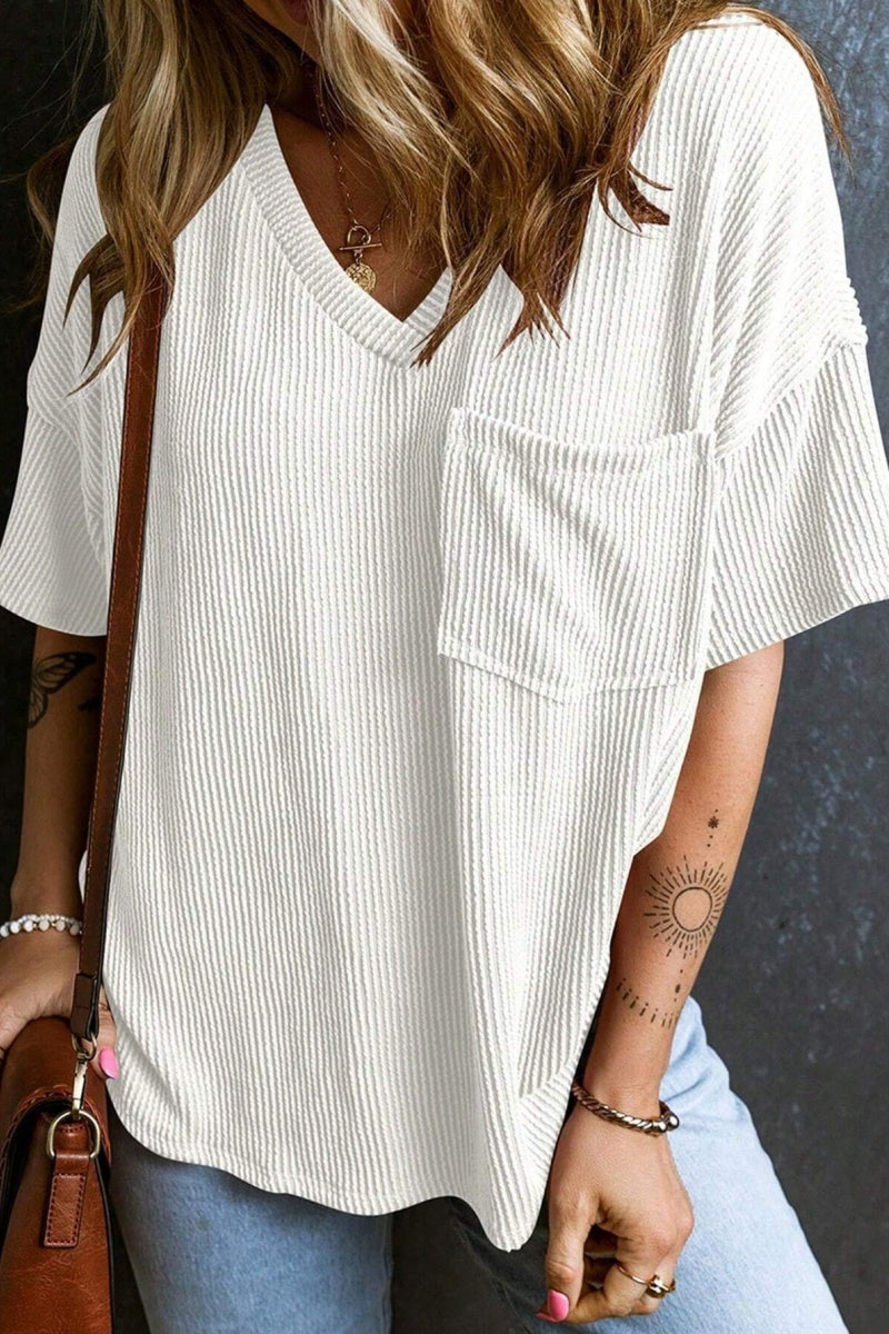 Casual V Neck Pocket T Shirt Loose Ribbed Knit Top