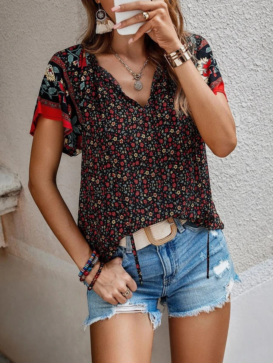 Boho Floral Print V Neck Relaxed Fit Top