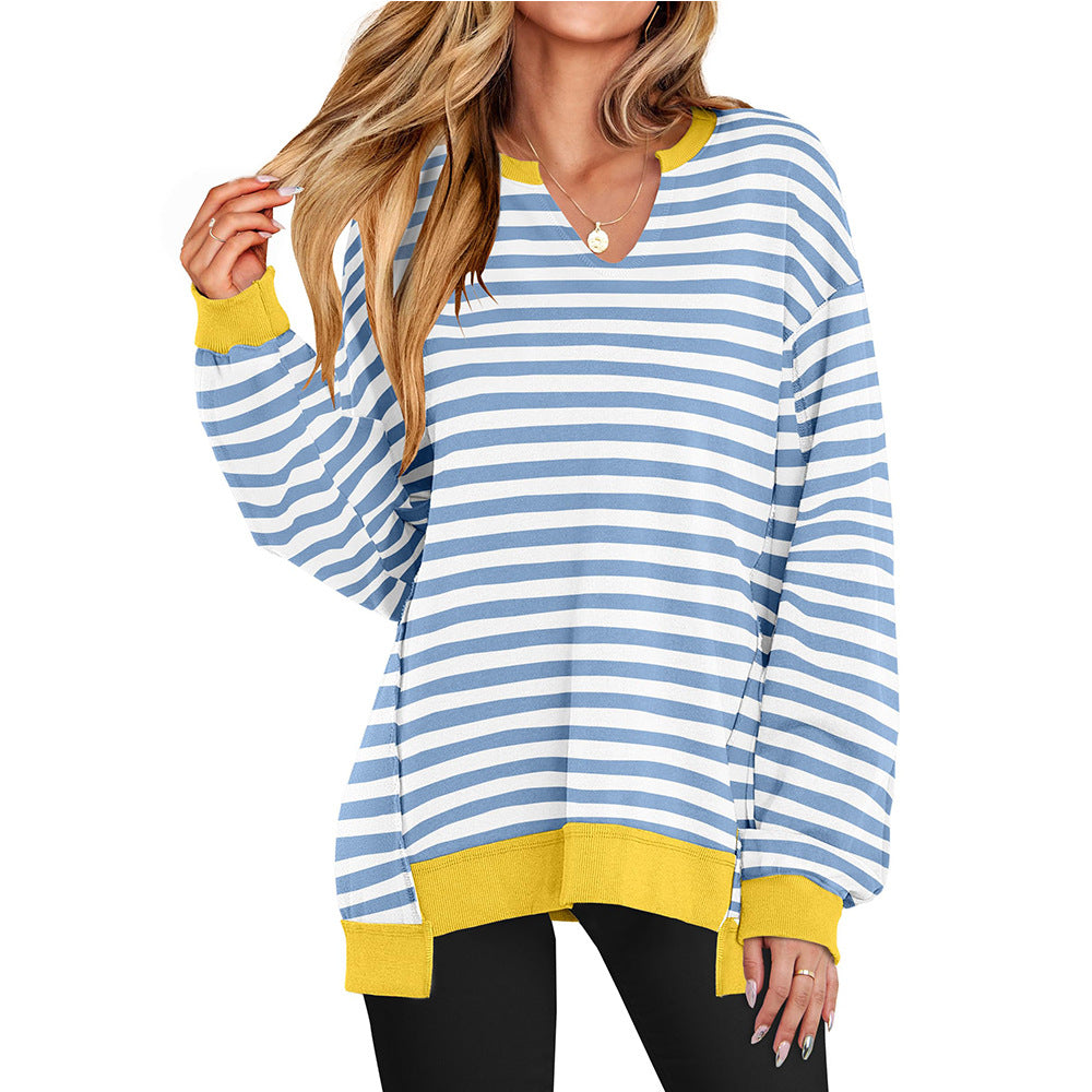 Womens Striped V Neck Pullover Sweatshirt Top
