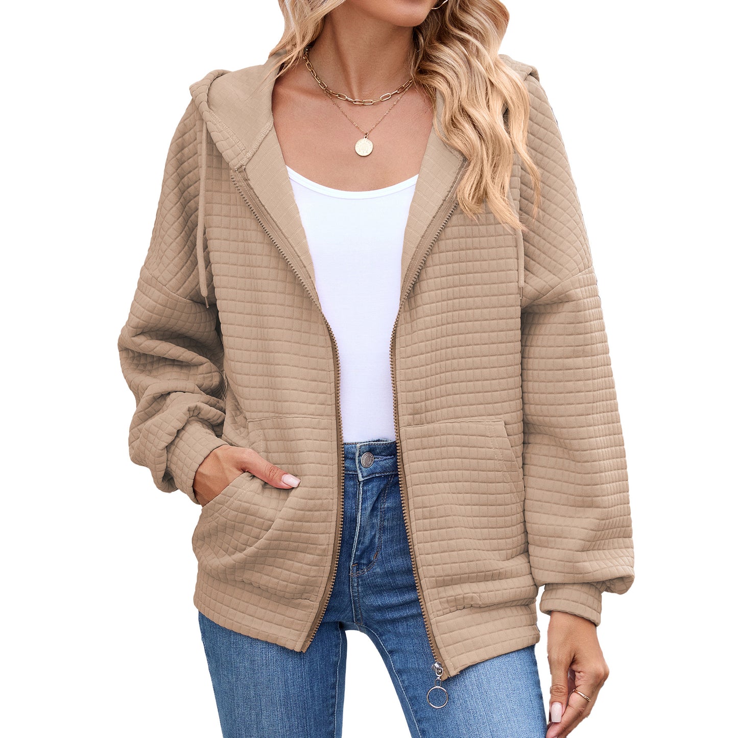 Quilted Zip-Up Hoodie Casual Long Sleeve Sweatshirt