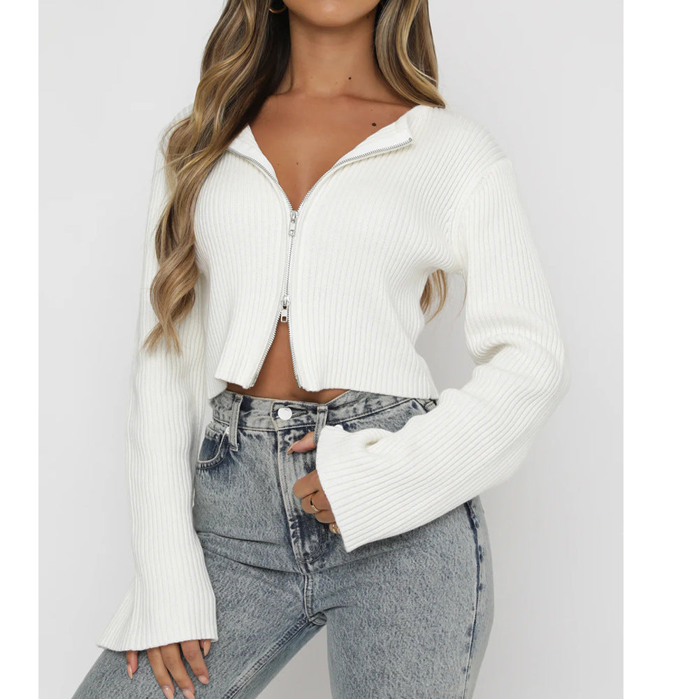 Womens Zip Up Ribbed Knit Sweater Long Sleeve Top