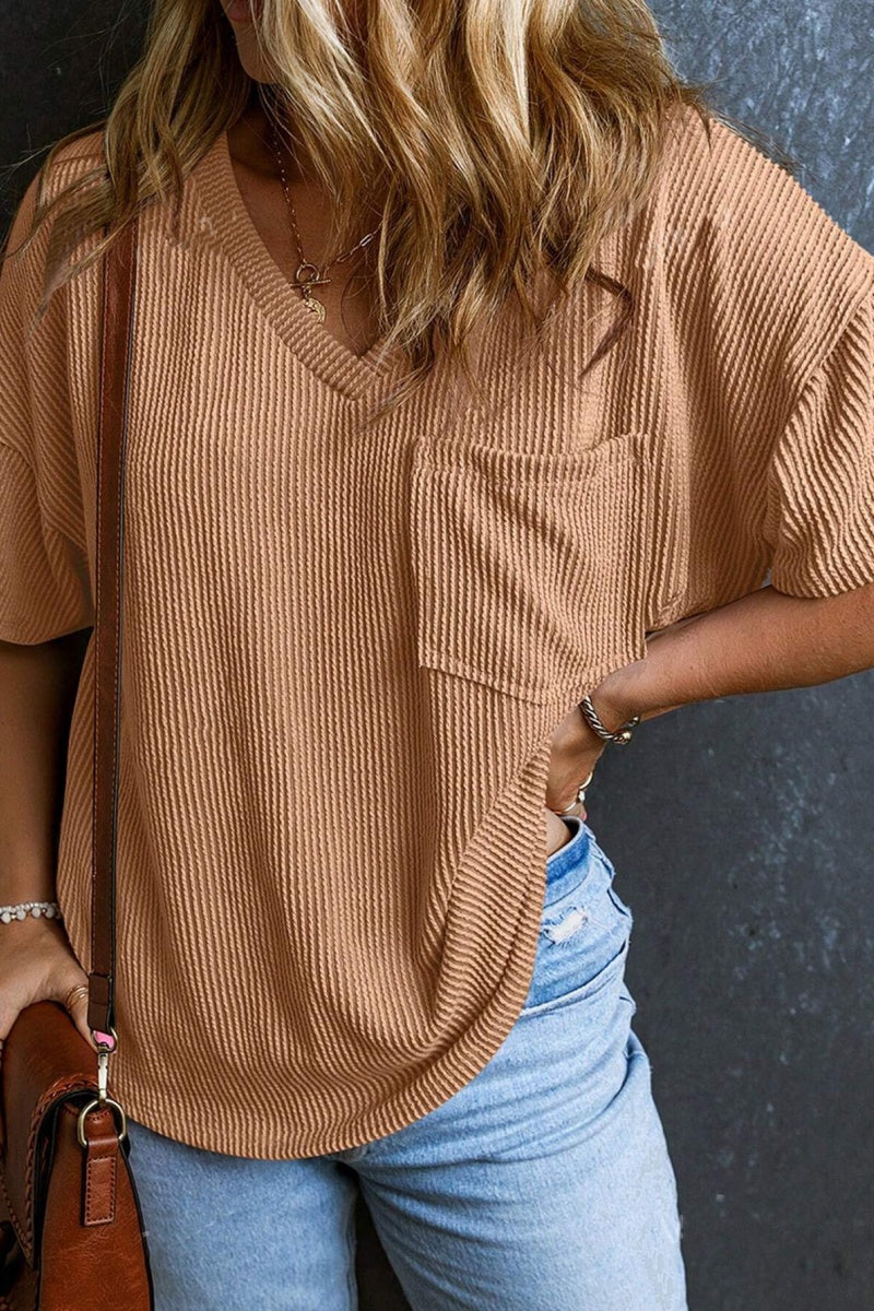 Casual V Neck Pocket T Shirt Loose Ribbed Knit Top