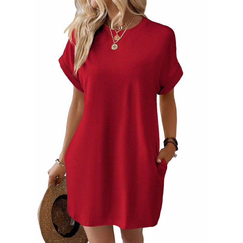 Casual Solid Color T-Shirt Dress with Pockets