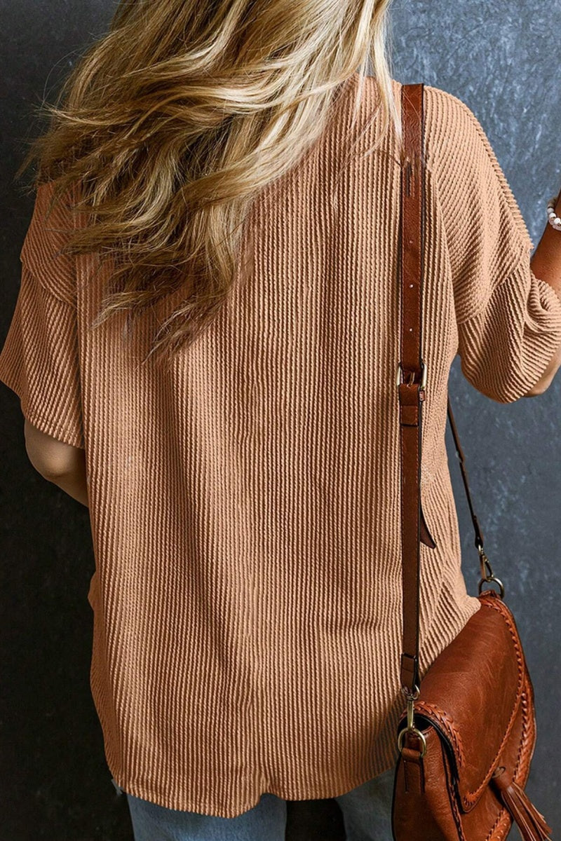 Casual V Neck Pocket T Shirt Loose Ribbed Knit Top
