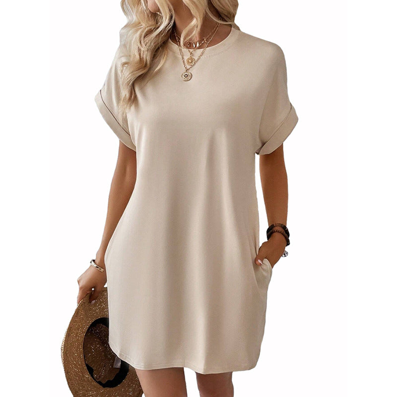 Casual Solid Color T-Shirt Dress with Pockets