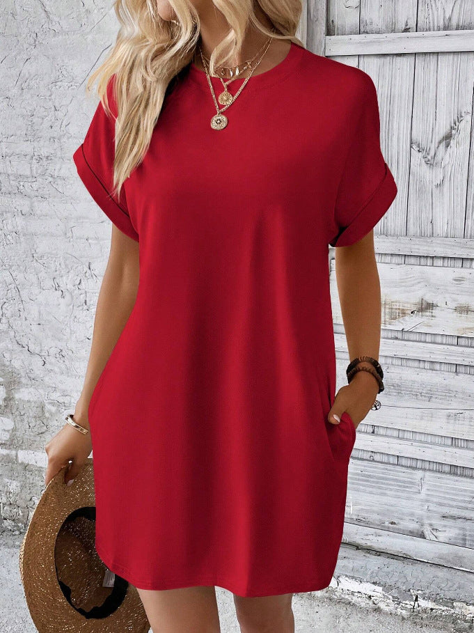 Casual Solid Color T-Shirt Dress with Pockets