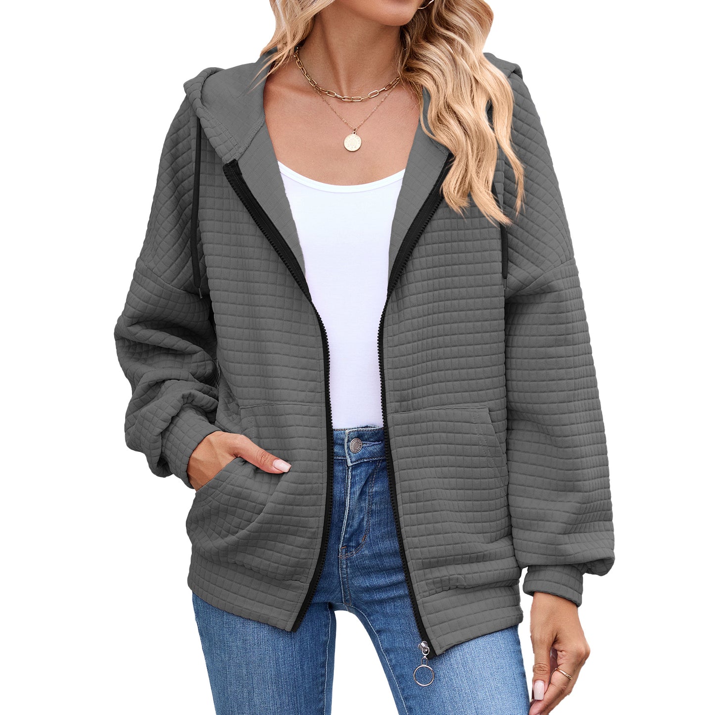 Quilted Zip-Up Hoodie Casual Long Sleeve Sweatshirt