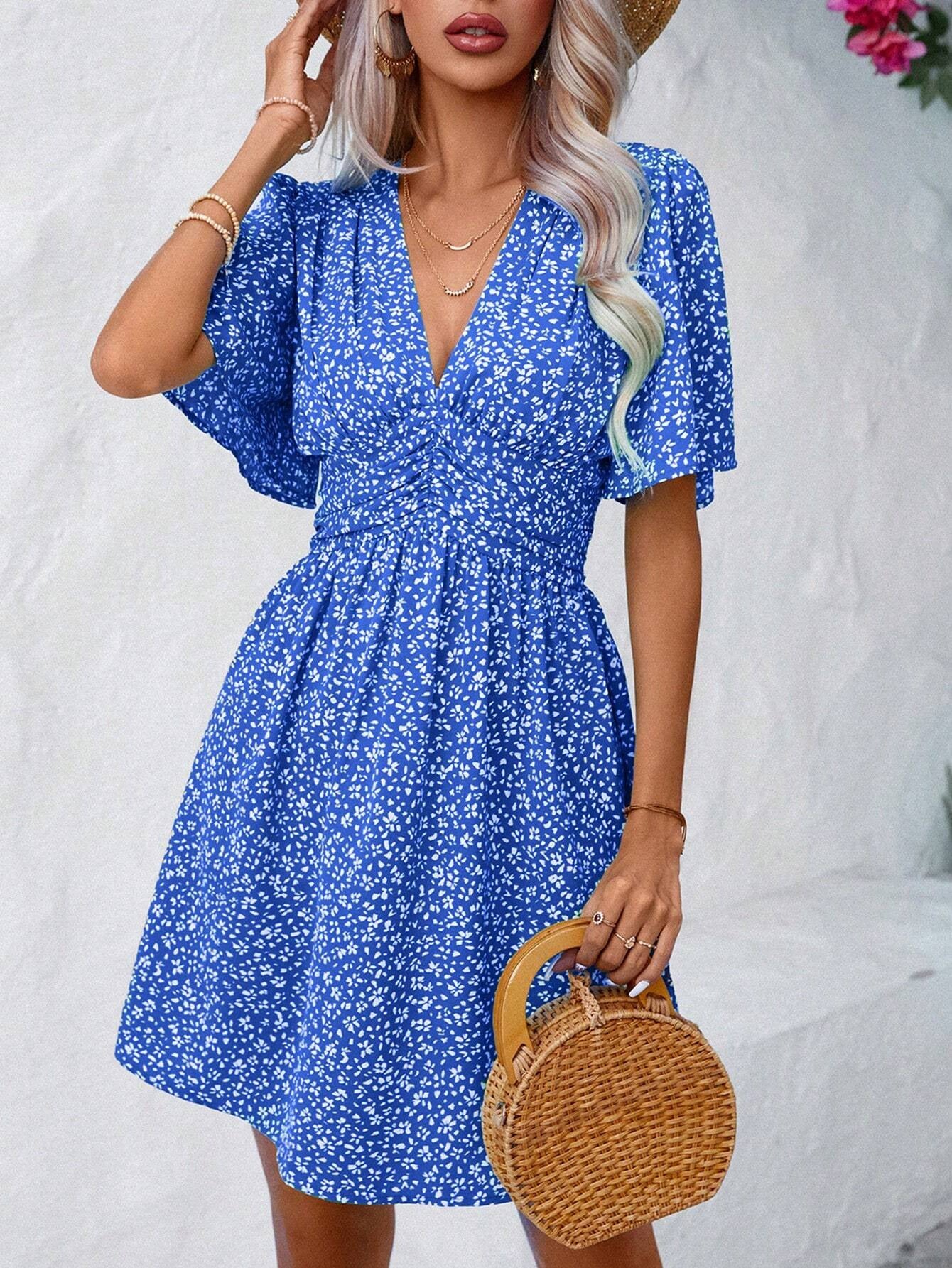 Summer V Neck Pleated Floral Dress with Short Sleeves