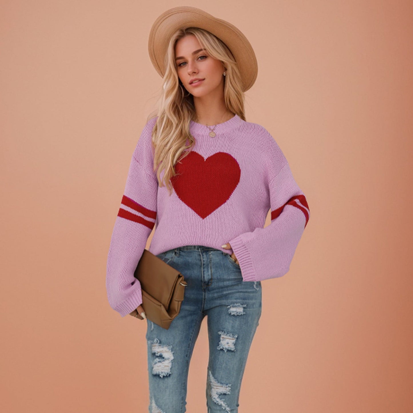 Color Block Heart Knit Sweater Valentines Pullover