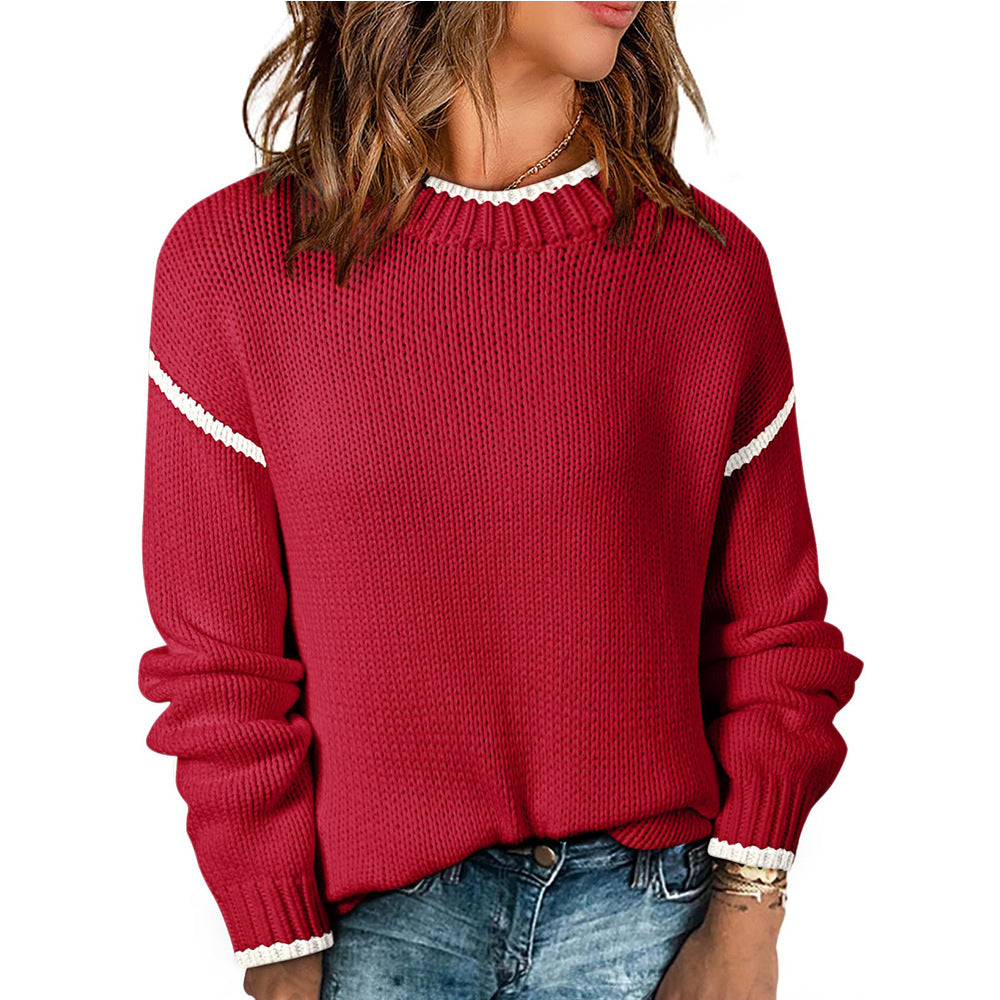 Women Color Block Crew Neck Pullover Sweater