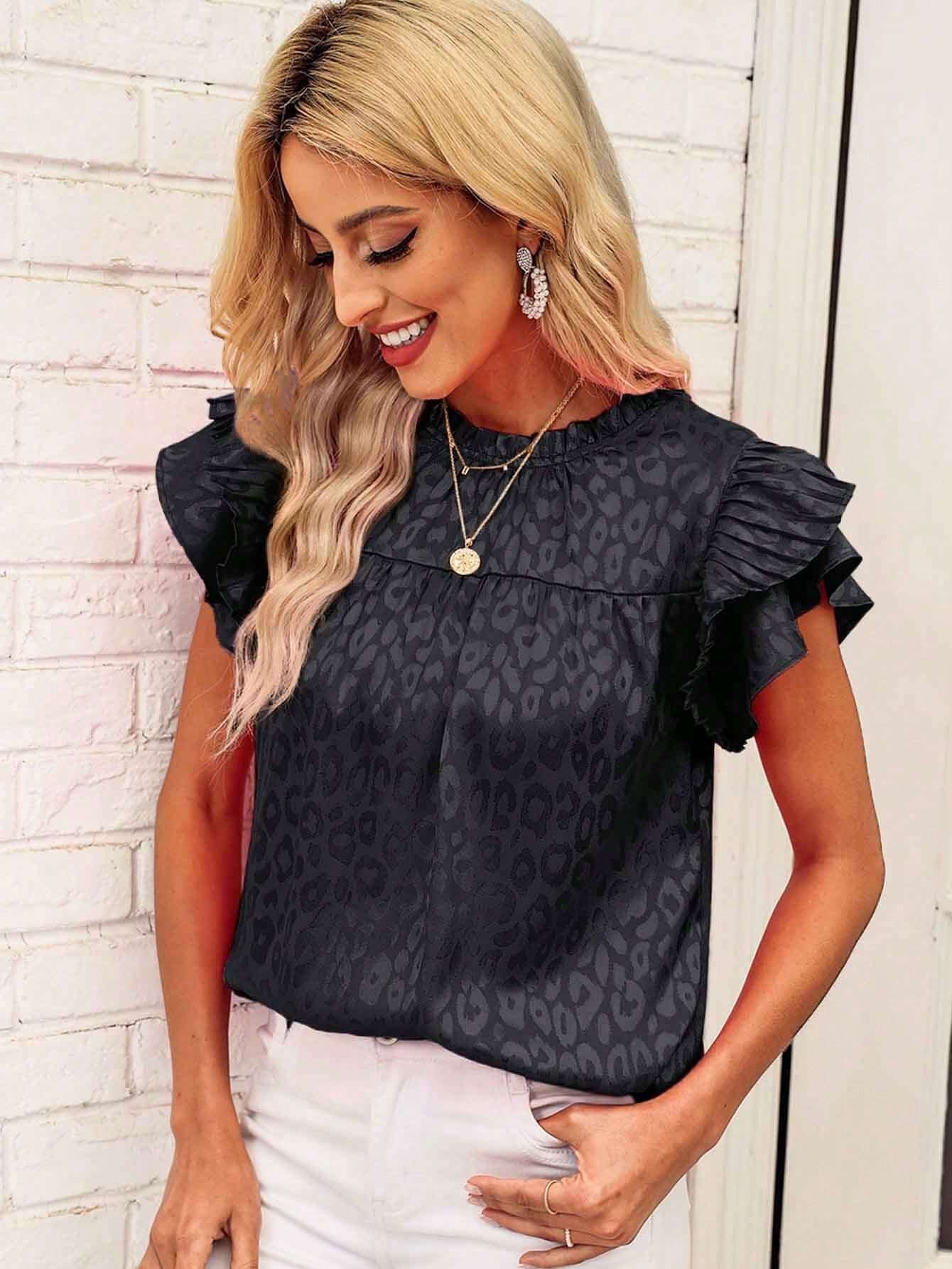 Women's Printed Lotus Leaf Sleeve Wavy Collar Top