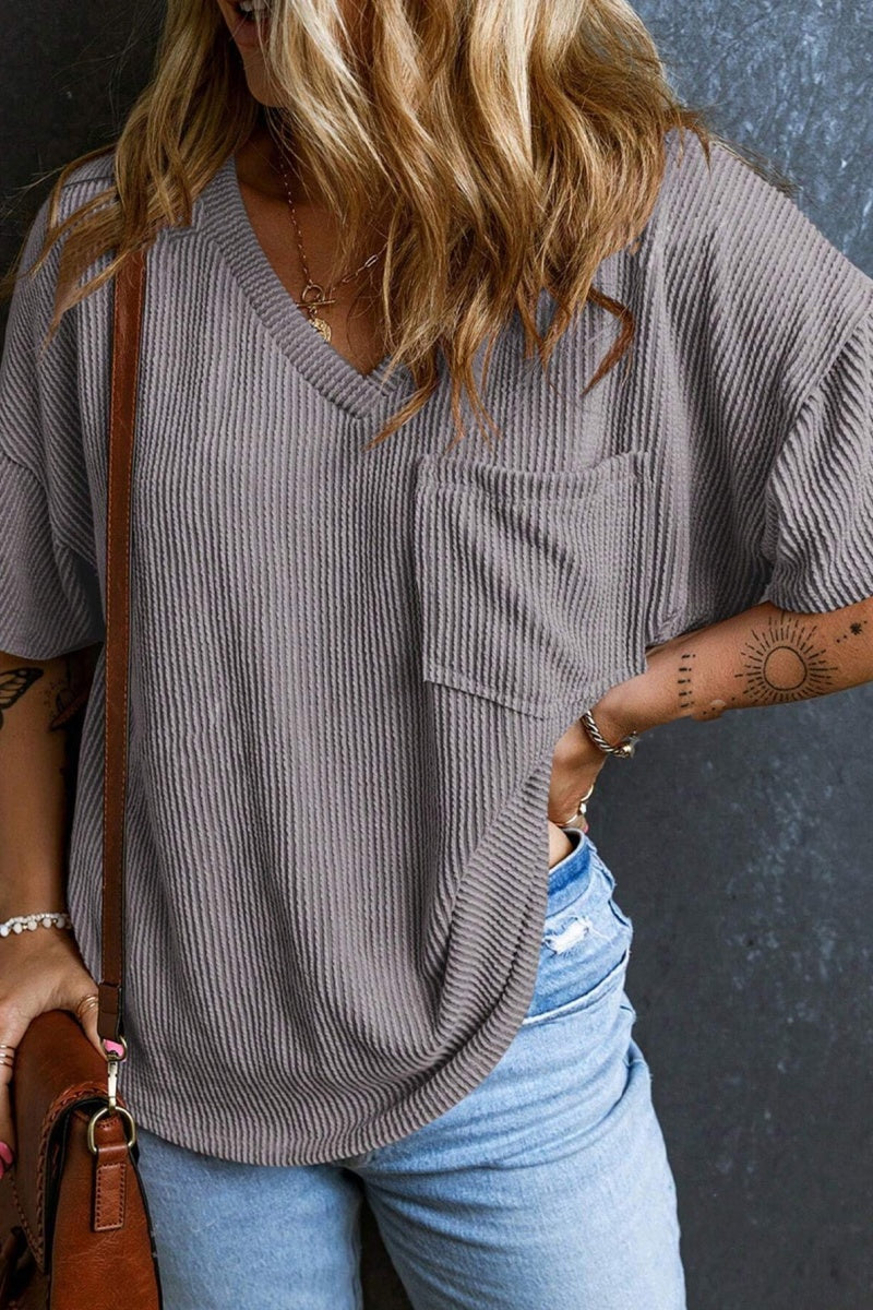 Casual V Neck Pocket T Shirt Loose Ribbed Knit Top