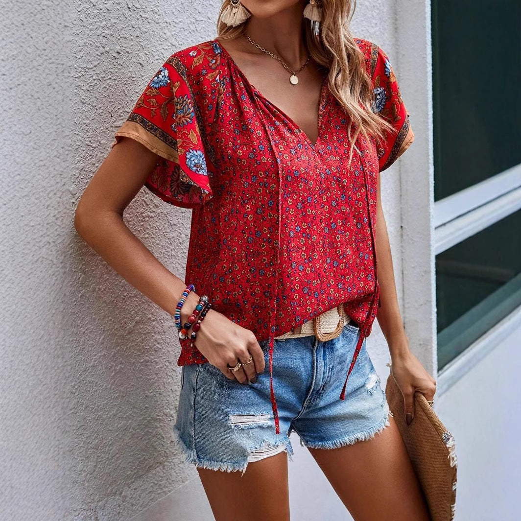 Boho Floral Print V Neck Relaxed Fit Top