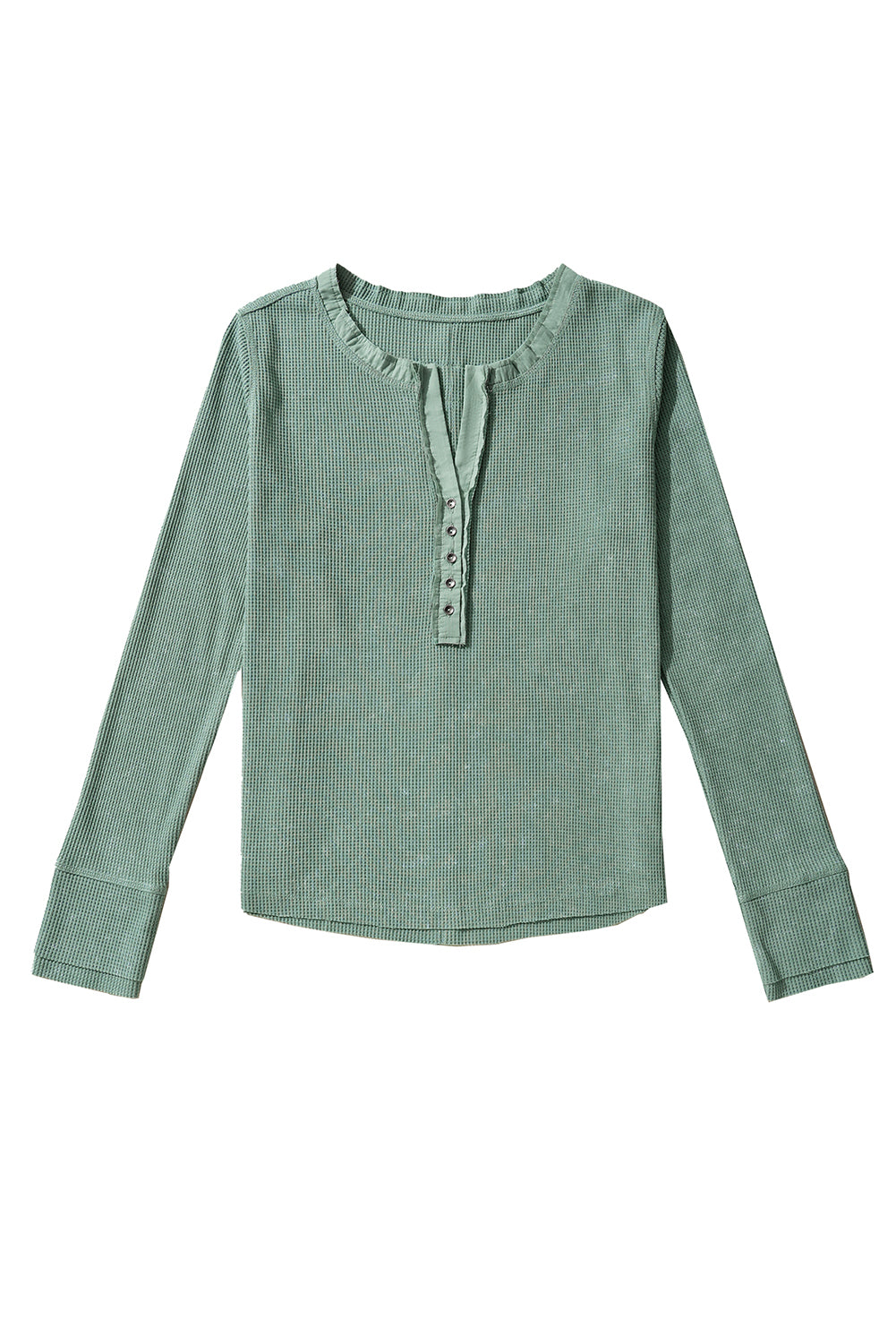 Acid Wash Waffle Knit Buttoned Neckline Long Sleeve Top