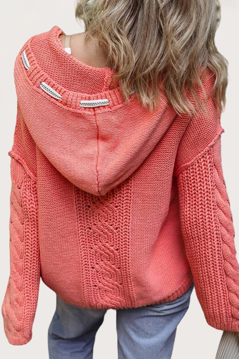 Cable Knit Hooded Sweater V Neck Drawstring Top