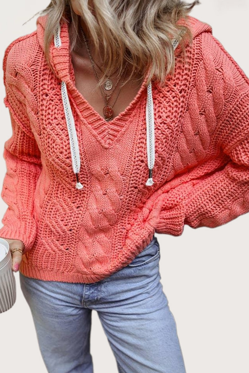 Cable Knit Hooded Sweater V Neck Drawstring Top