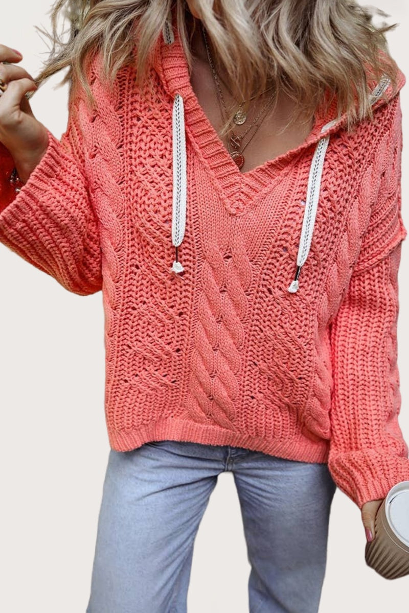 Cable Knit Hooded Sweater V Neck Drawstring Top