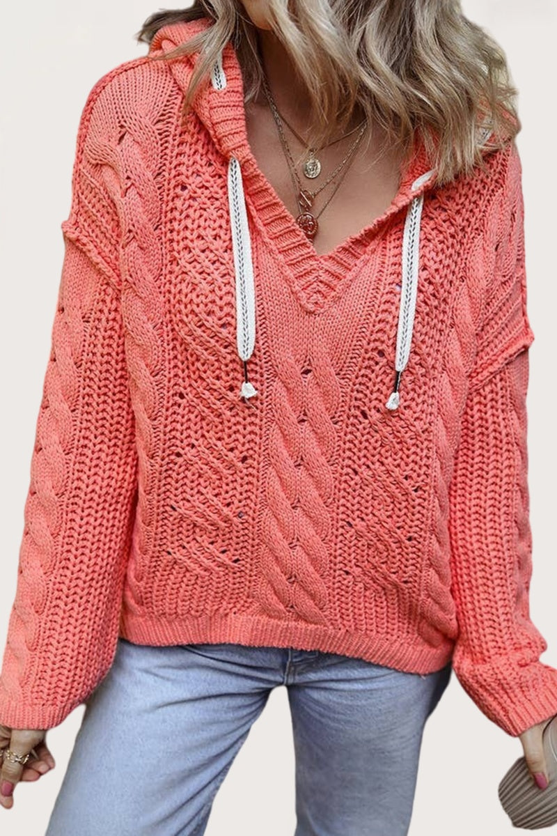 Cable Knit Hooded Sweater V Neck Drawstring Top