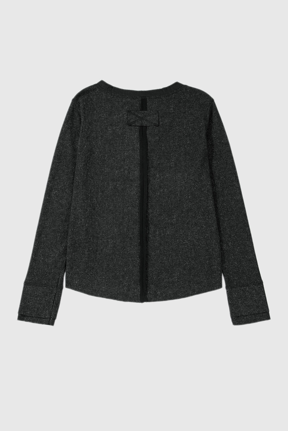 Acid Wash Waffle Knit Buttoned Neckline Long Sleeve Top