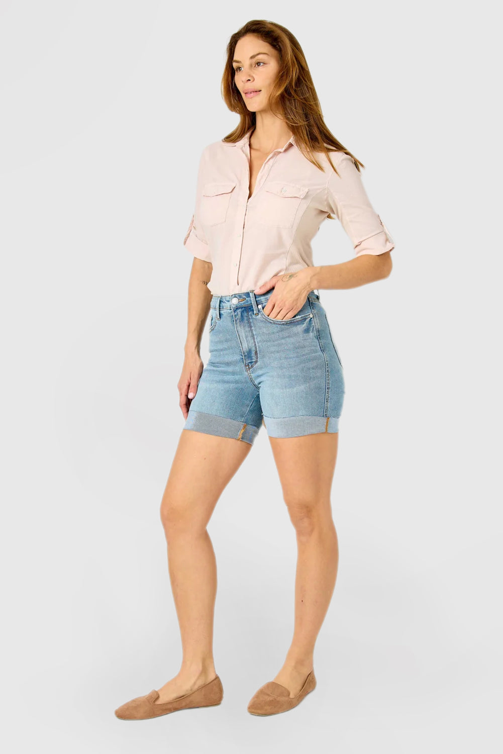 High Rise Tummy Control Cooling Denim Shorts