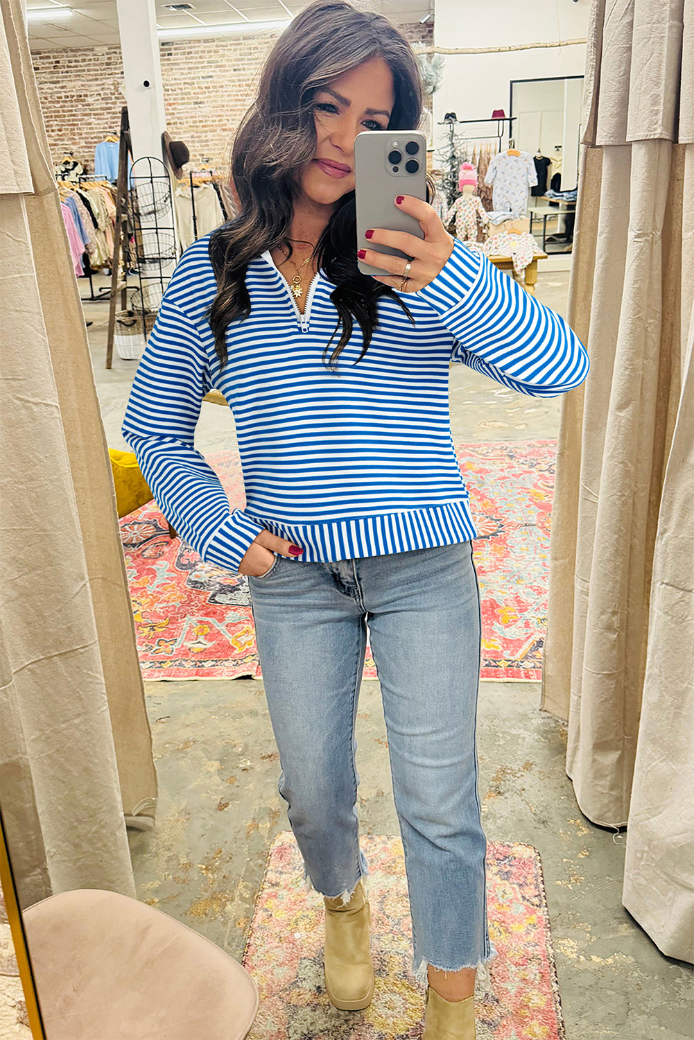 Stripe Quarter Zip Collar Pullover Long Sleeve Top