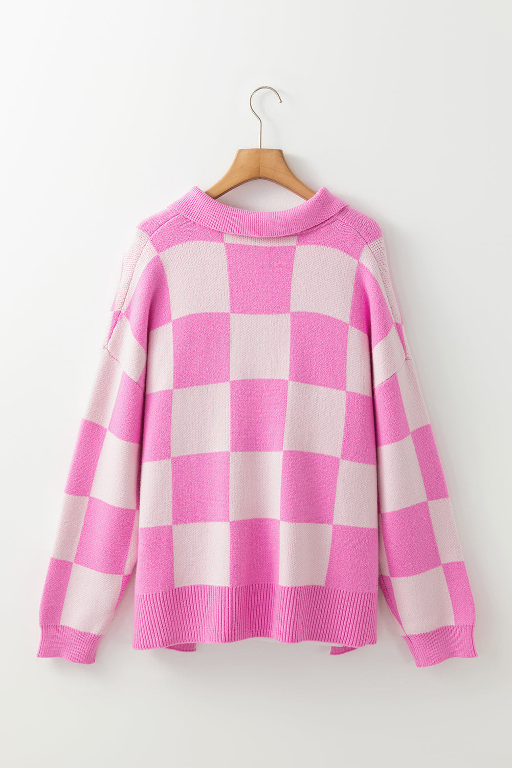 Checkerboard Half Button Collared Drop Shoulder Sweater