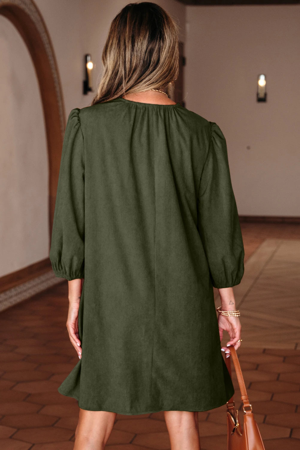 Bracelet Sleeve Split Neck Scallop Pleated Mini Dress