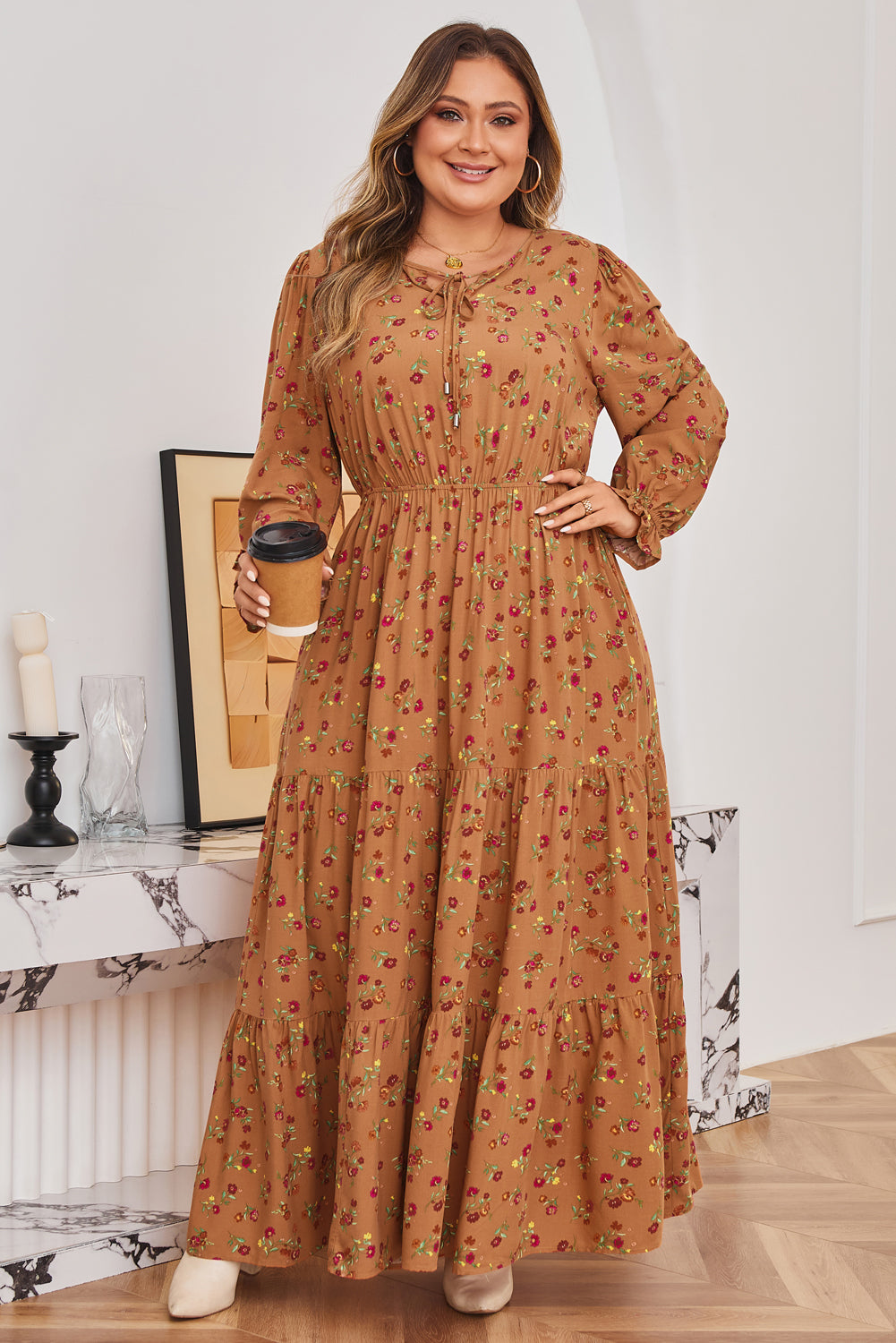 Plus Size Holiday Floral Tiered Maxi Dress
