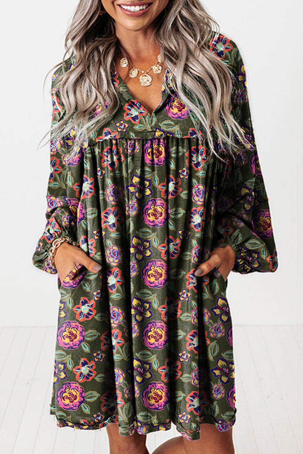 Holiday Floral Split Neck Long Sleeve Mini Dress