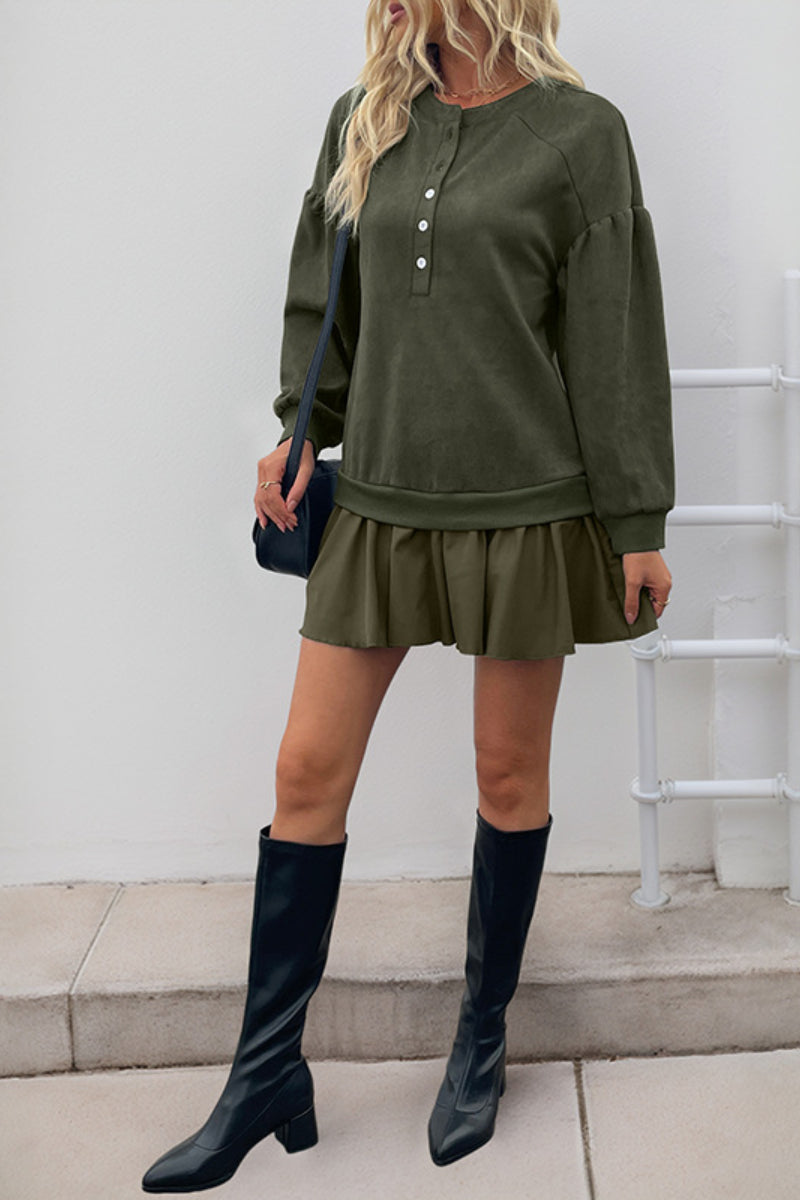 Sweet Puff Sleeve Sweatshirt Dress with Ruffle Hem