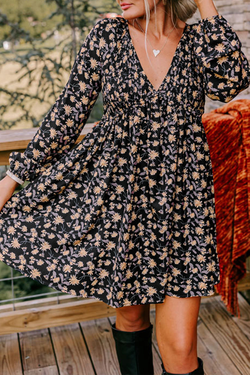Floral V Neck Smocked Bust Bubble Sleeve Mini Dress
