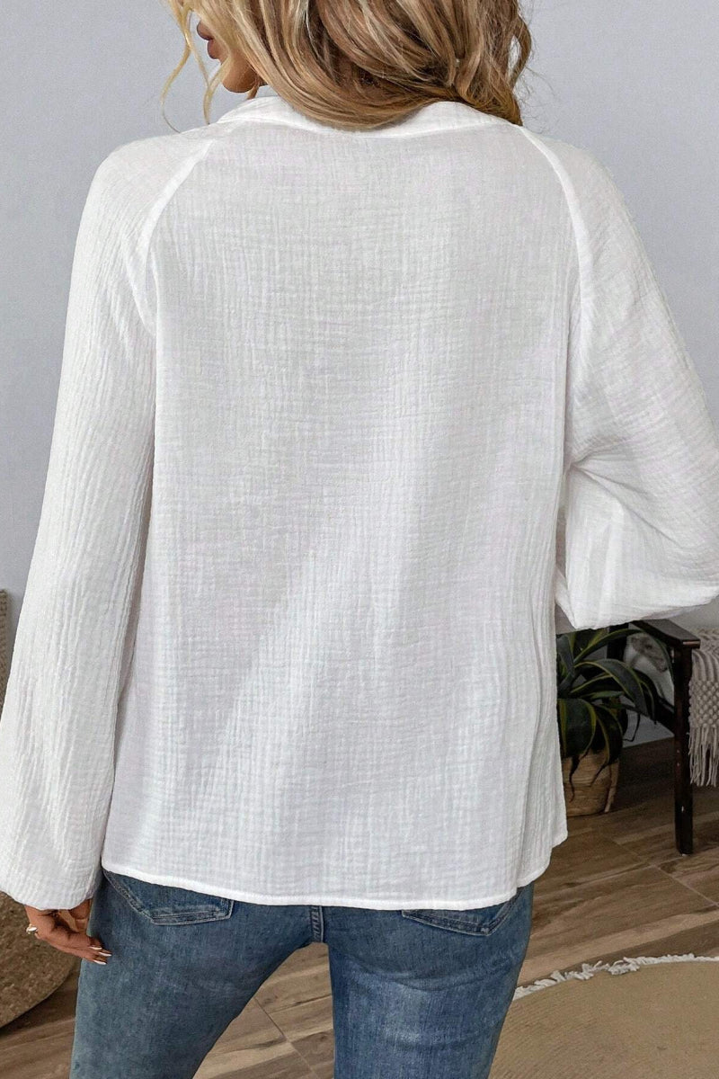 Boho Embroidered Cotton V-Neck Blouse Puff Sleeves Top